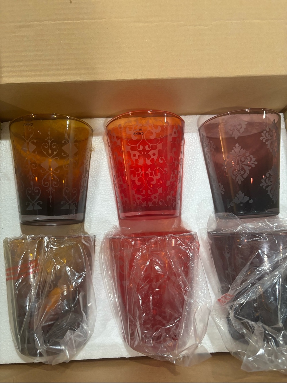 Red Envelope Cordoba Etched Embellished Glasses (6) 4” Glasses NIB